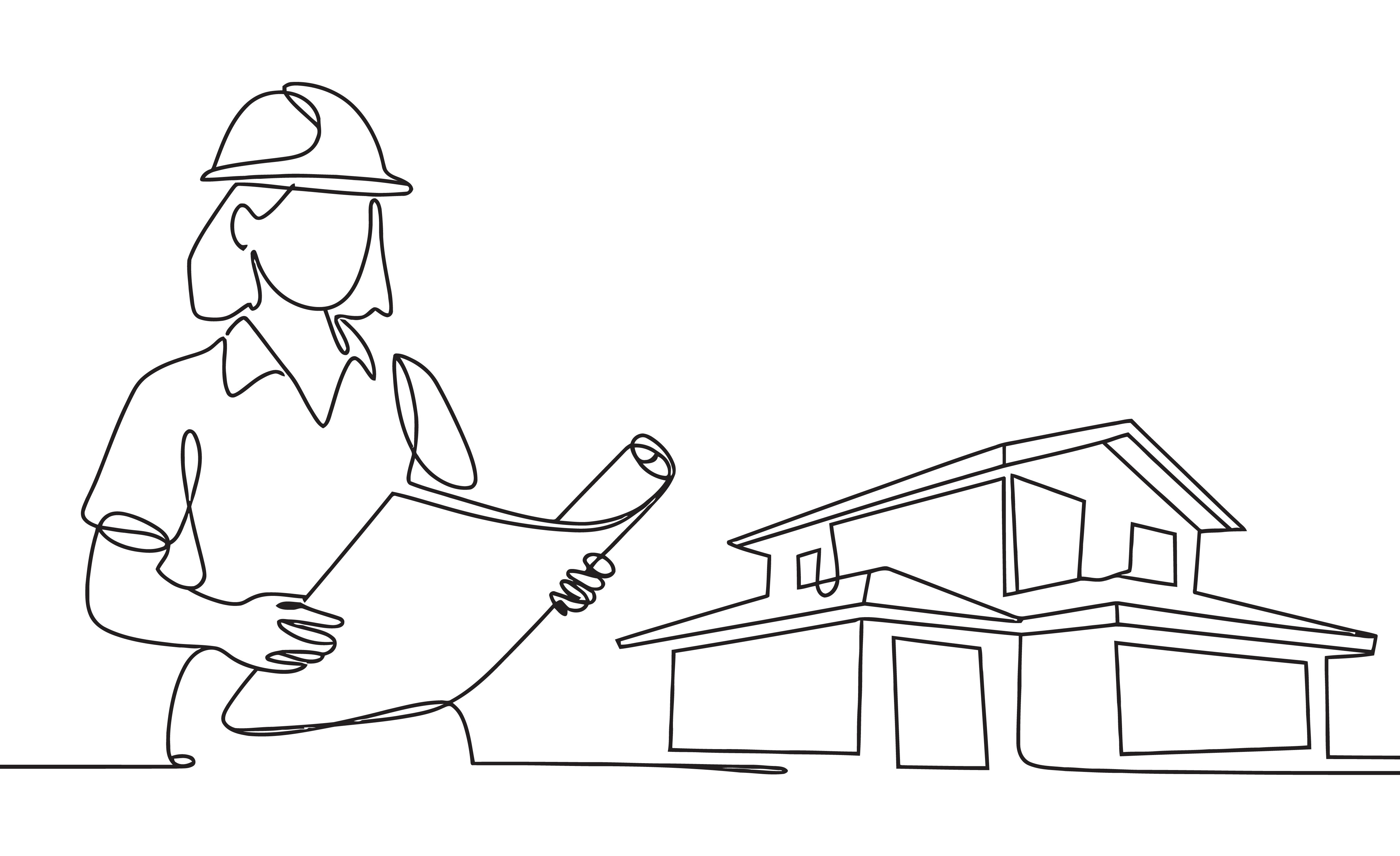 One continuous line drawing of a female construction worker reviewing plans for a house Vector, illustration